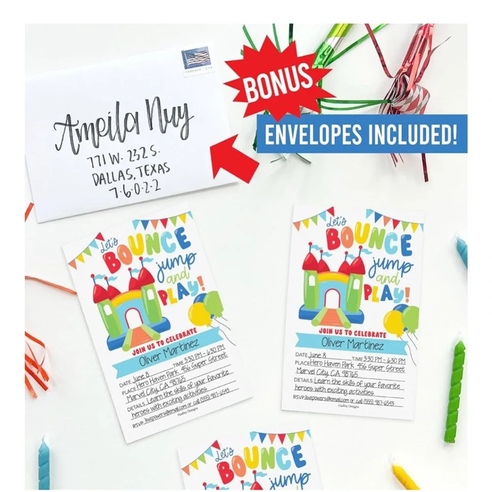 NEW Hadley Designs 15 Birthday Party Invitations Let's House Bounce jump & play